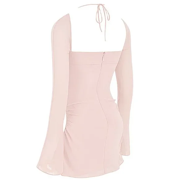 HOUSE OF CB 'Baby' Pink Quartz Chiffon Cutout Halter Mini Dress NWOT